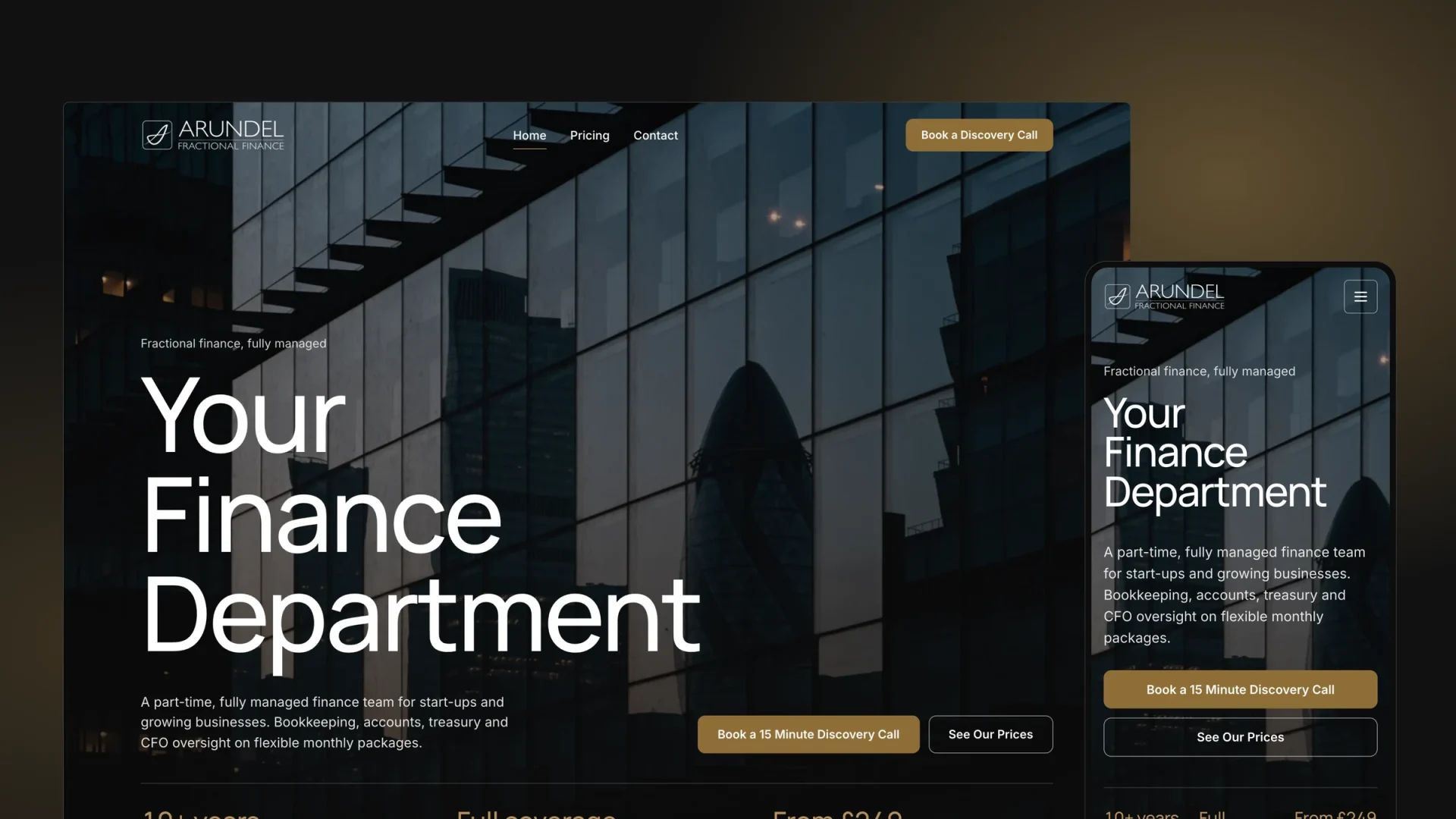 The Arundel Fractional Finance homepage on a dark board with the Arundel logo