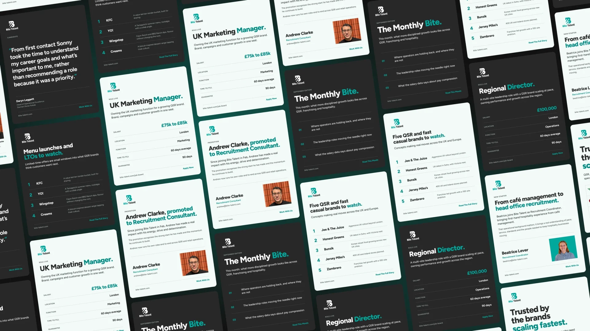 A grid of Bite Talent social posts on a dark board with the Bite Talent logo