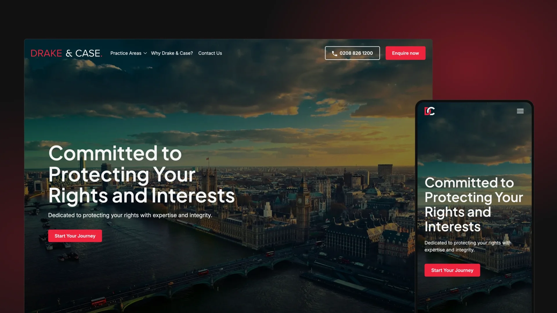 The Drake & Case homepage on a dark board with the firm's wordmark