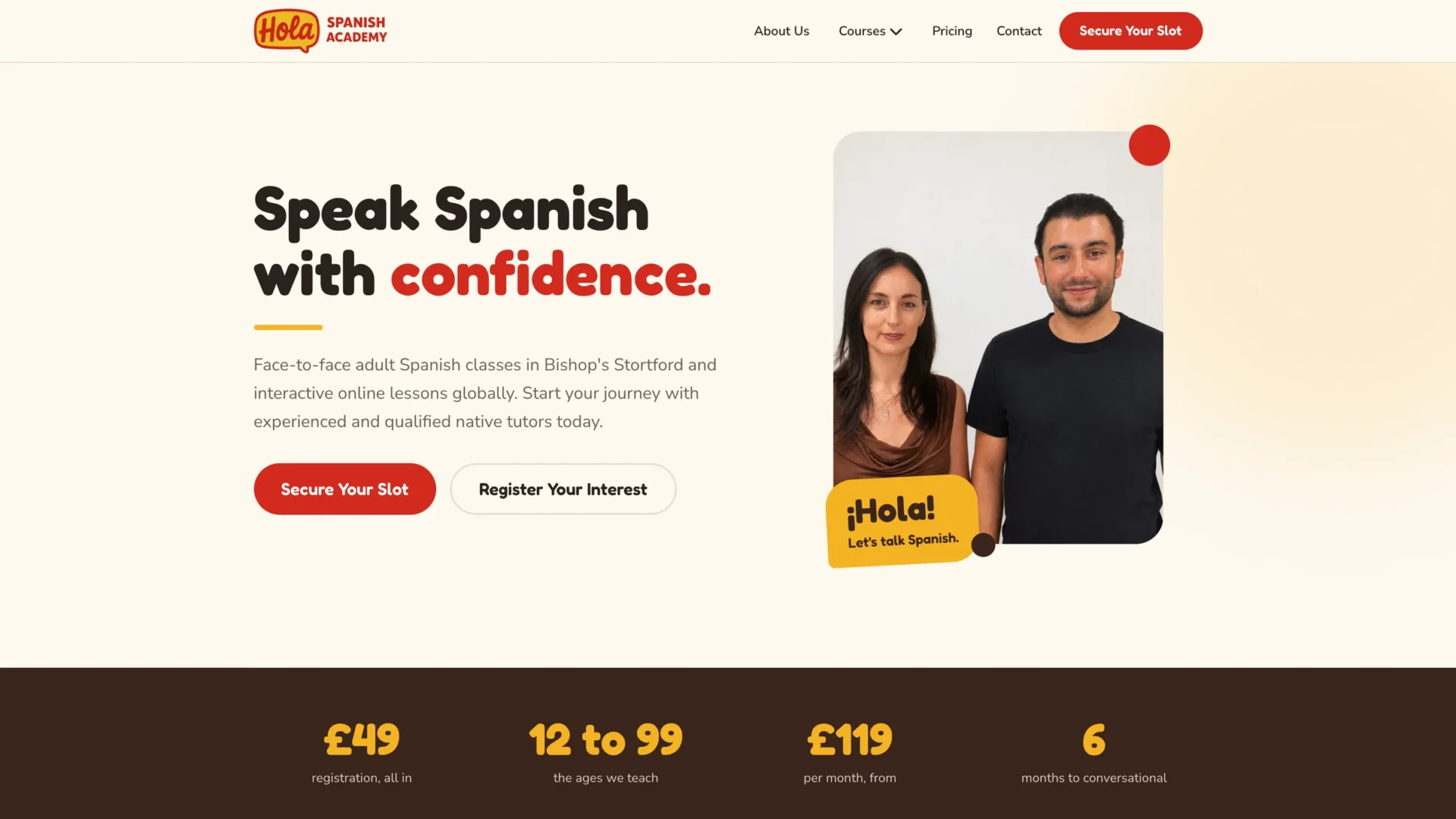After: The new homepage: Speak Spanish with confidence, the two tutors and the Secure Your Slot button