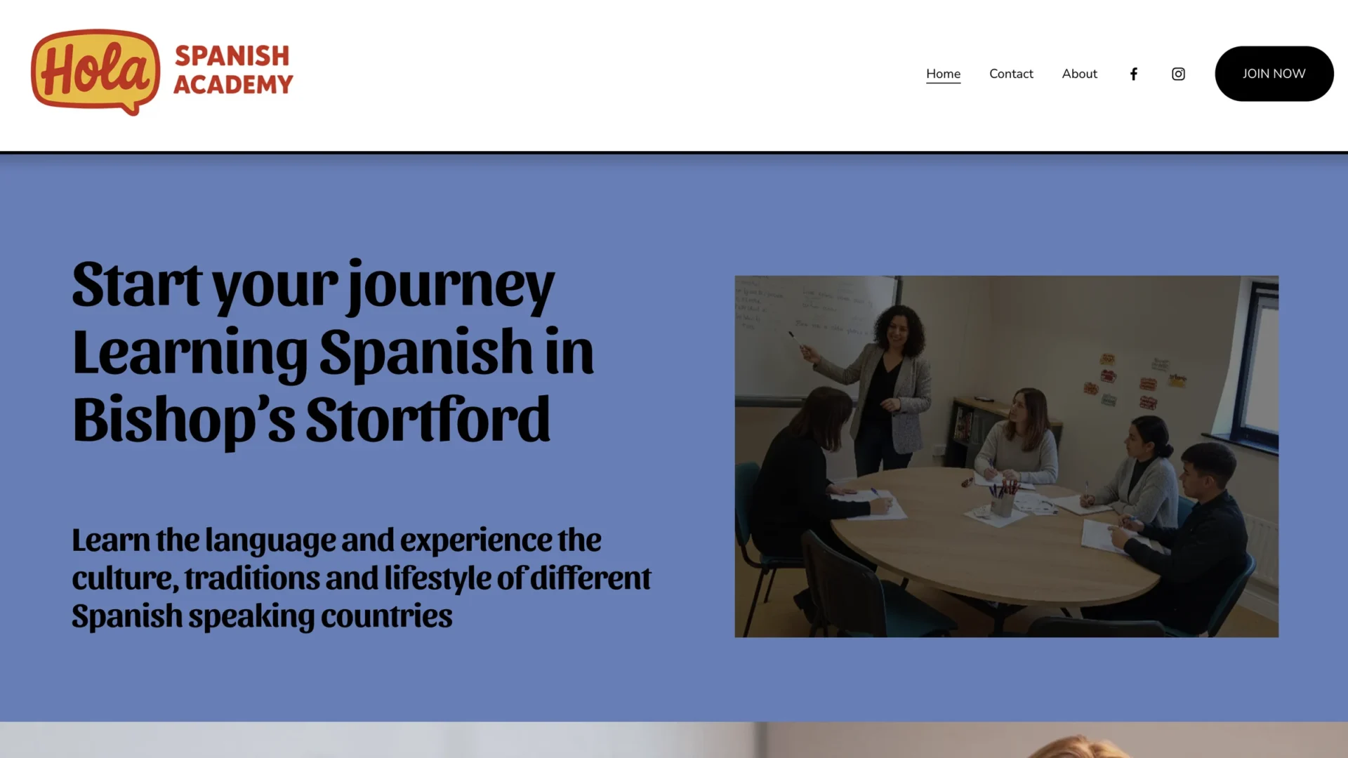 Before: The old Squarespace homepage: a periwinkle hero reading Start your journey Learning Spanish in Bishop's Stortford, beside a classroom photo