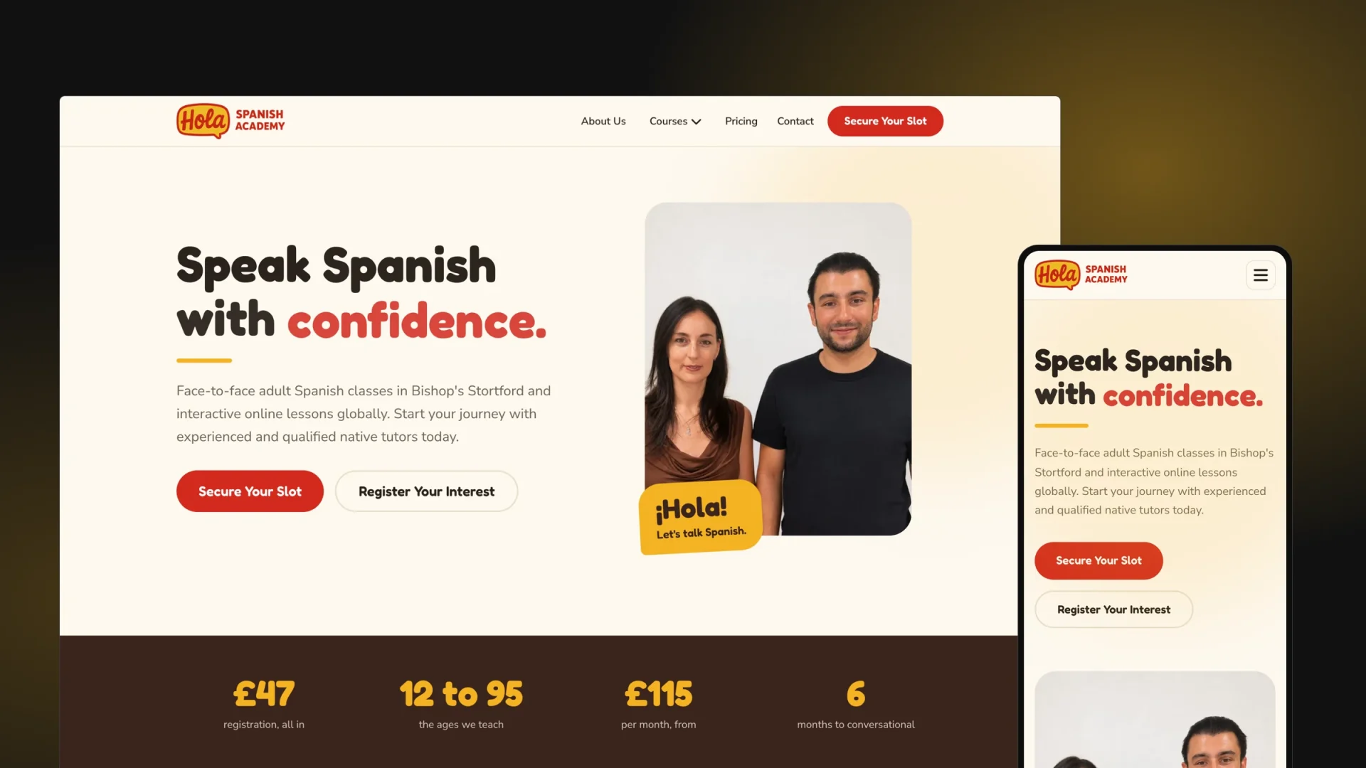 The Hola Spanish Academy homepage on a dark board with a warm amber glow