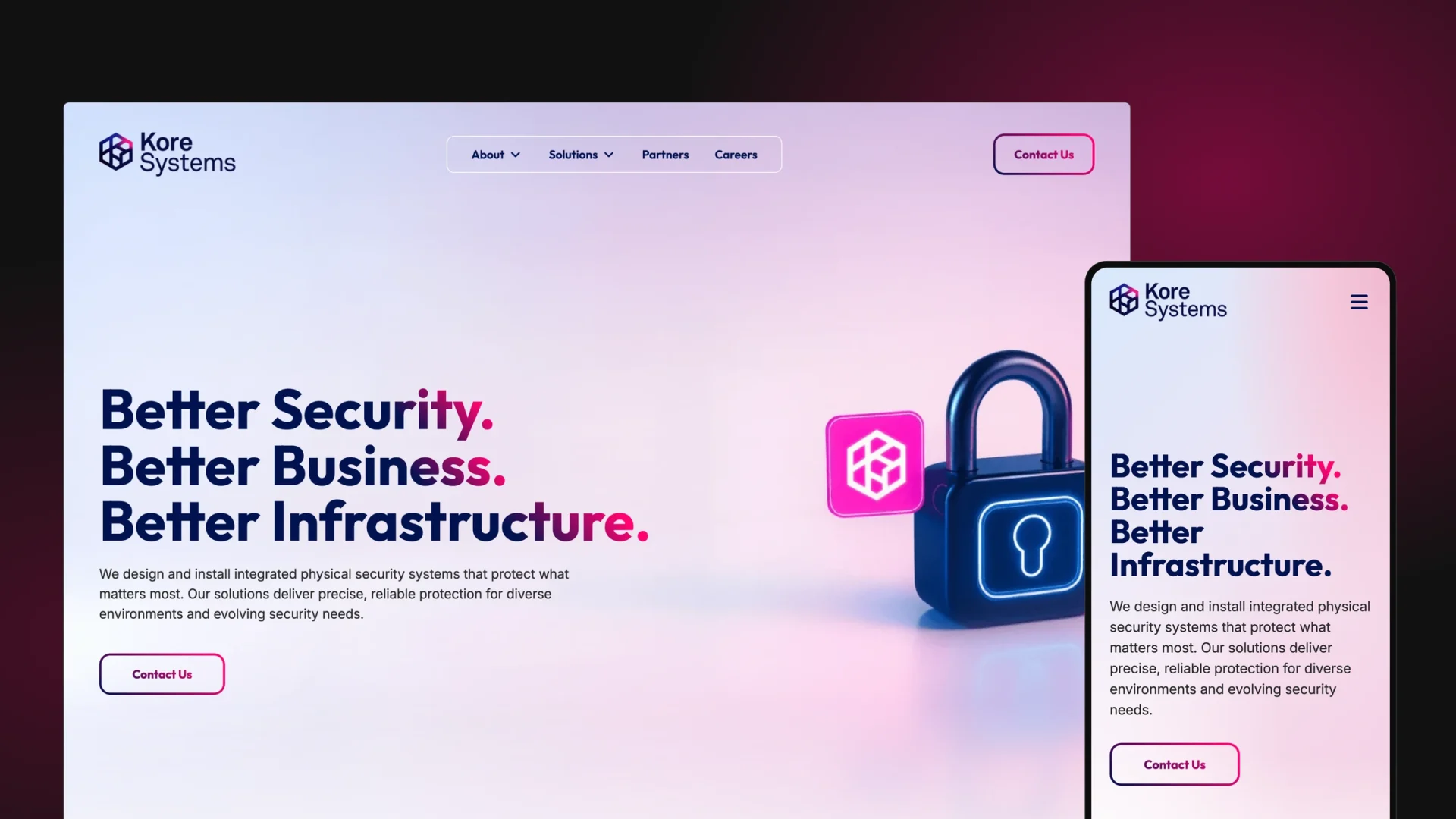 The Kore Systems homepage on a dark board with the Kore Systems logo