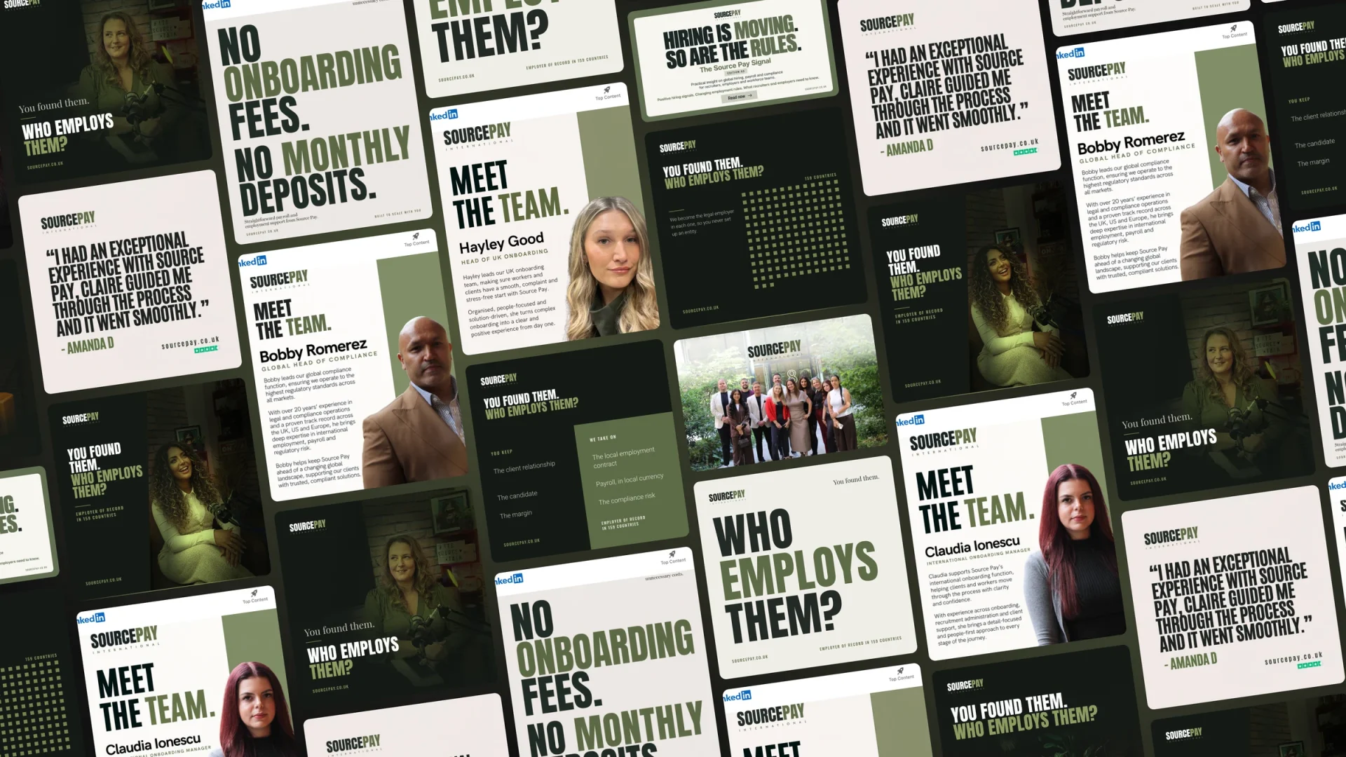A grid of Source Pay LinkedIn posts on a dark board with the Source Pay logo