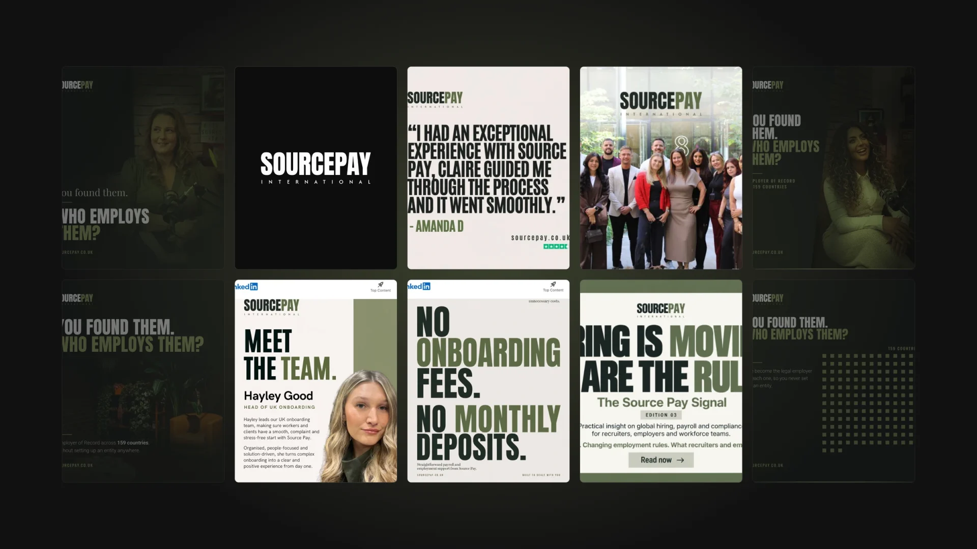 A wall of Source Pay LinkedIn posts with the Source Pay logo