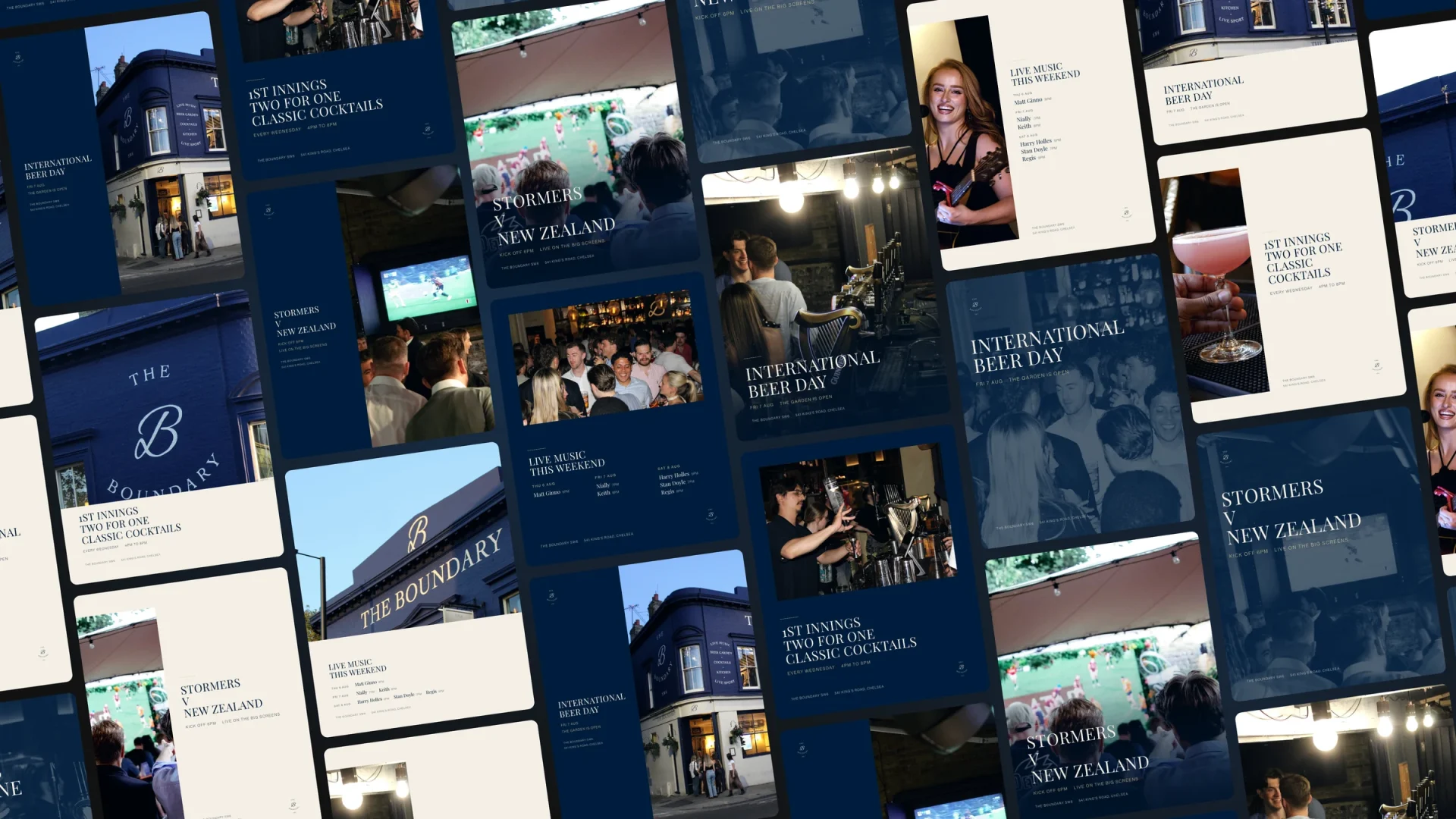 A grid of The Boundary SW6 Instagram posts on a dark board with the pub's logo