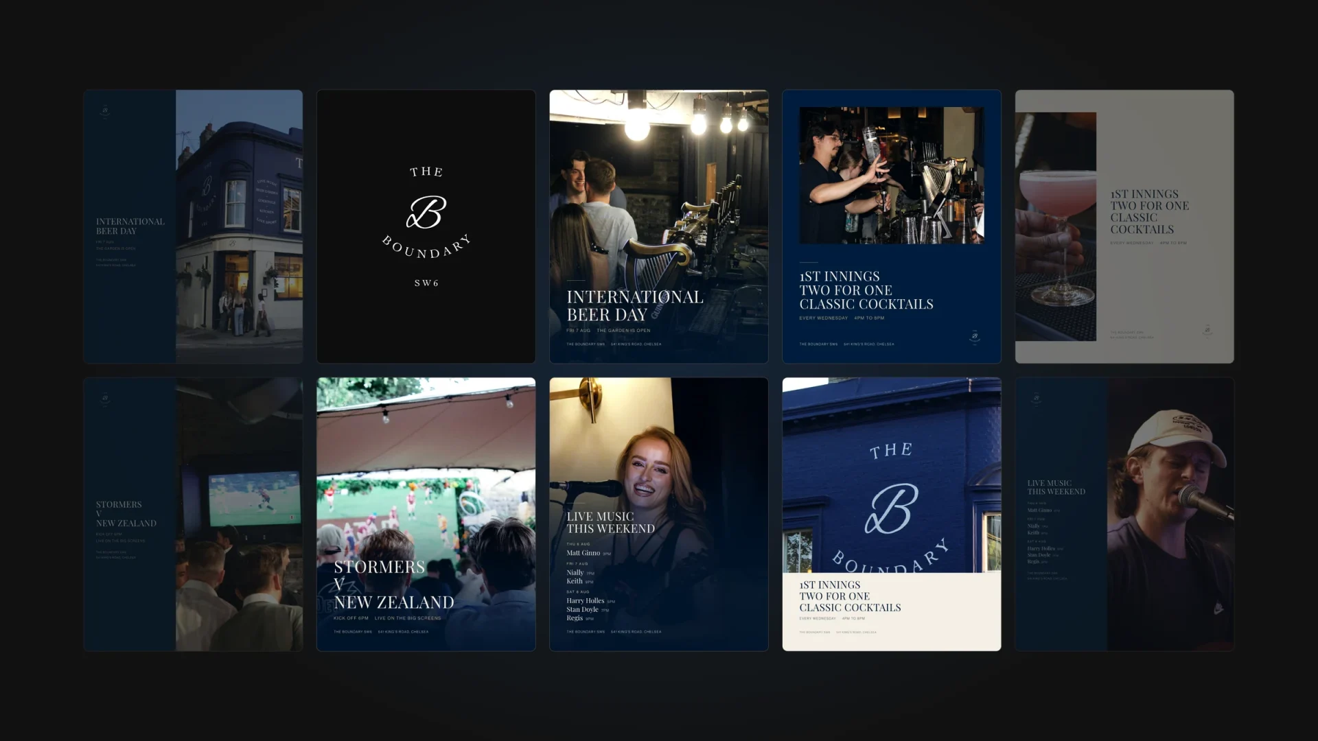 A wall of The Boundary SW6 Instagram posts with the pub's monogram
