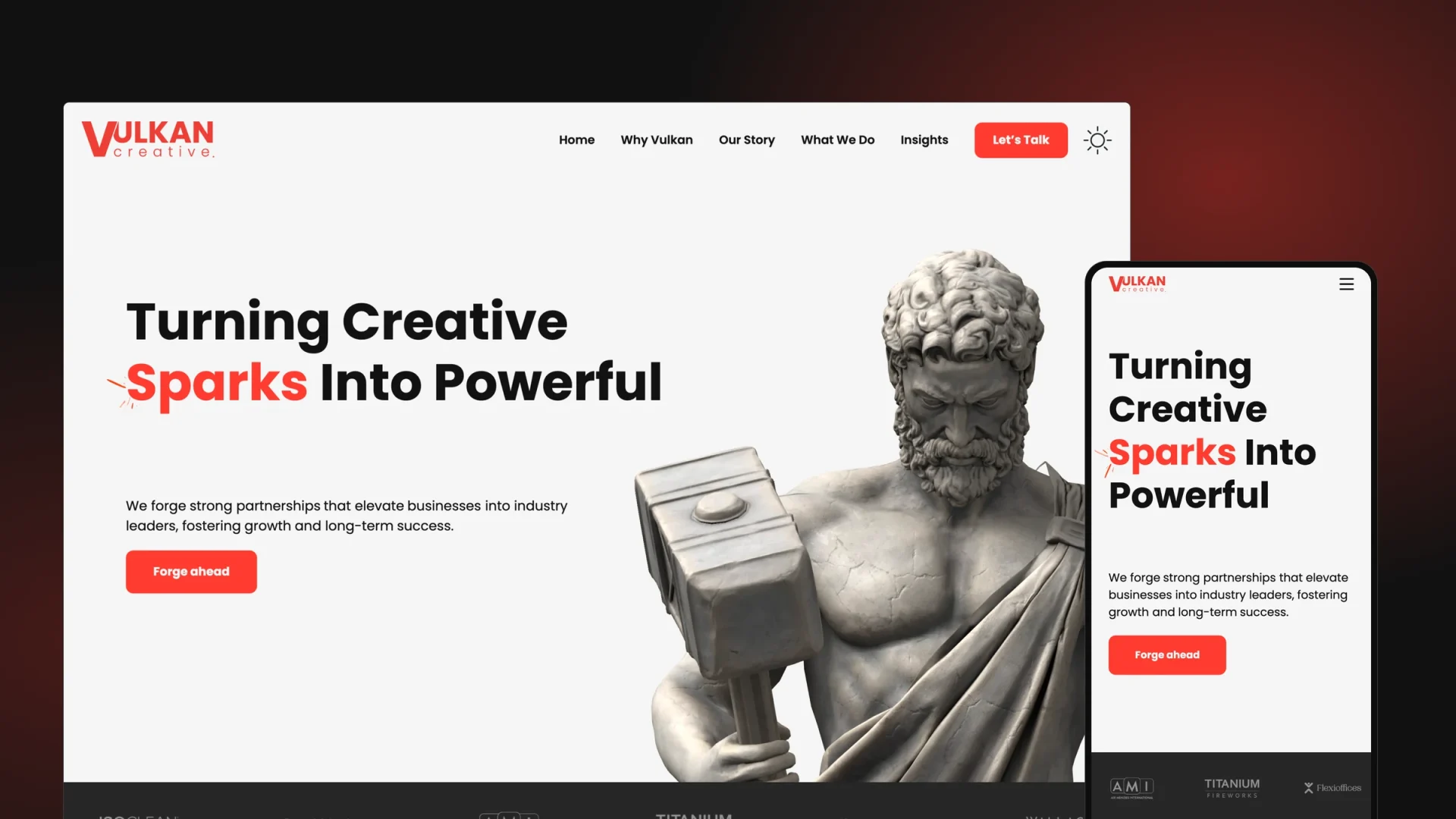 The first Vulkan Creative homepage on a dark board with the Vulkan wordmark